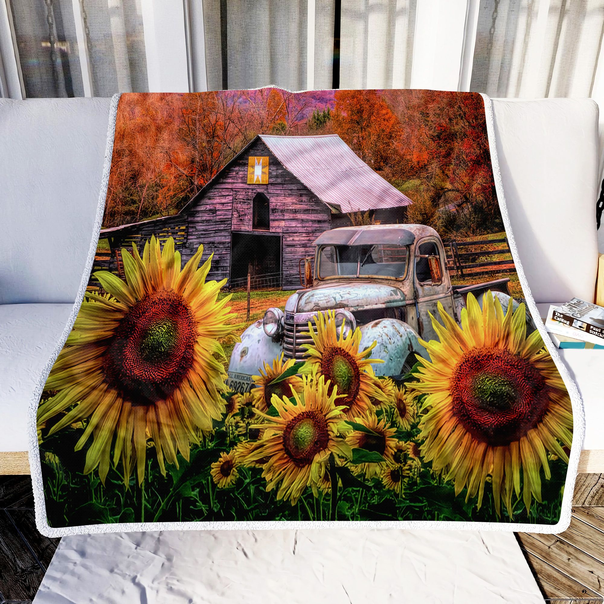 Truck Farm Garden Flower Sunflower House Fleece Blanket