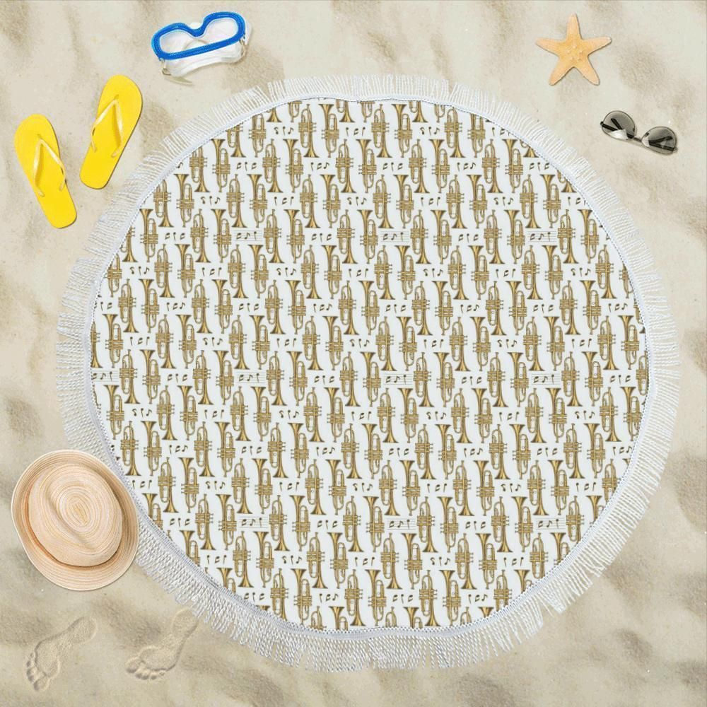 Trumpet With Music Note Print Round Beach Towel