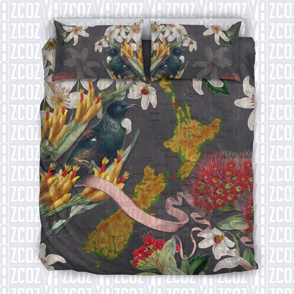 Tui Bird With New Zealand Map Bedding Set