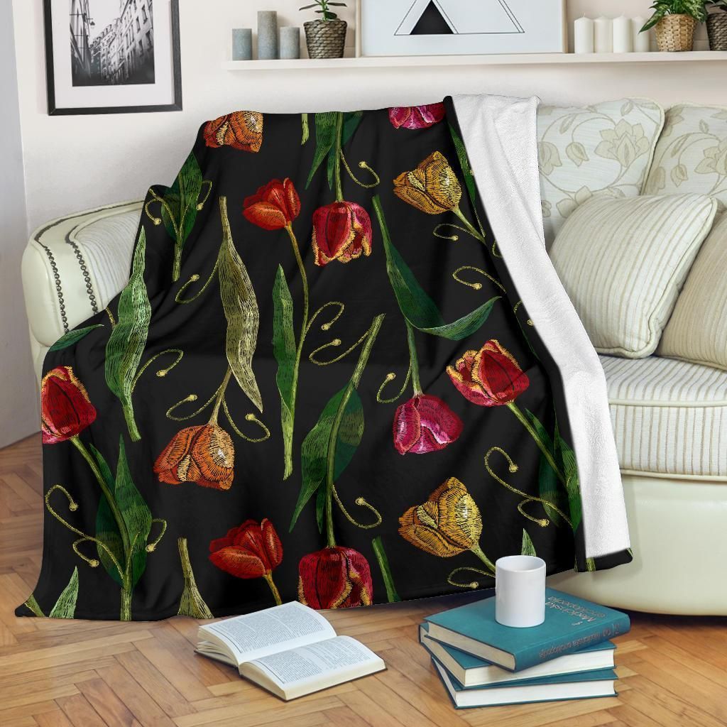 Tulip Embroidered Pattern Print Design Black Fleece Blanket