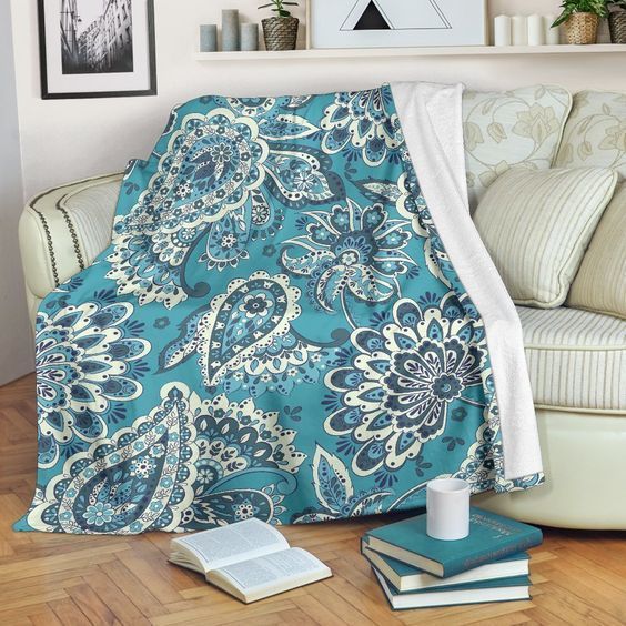 Turquoise Floral Bohemian Sherpa Fleece Blanket