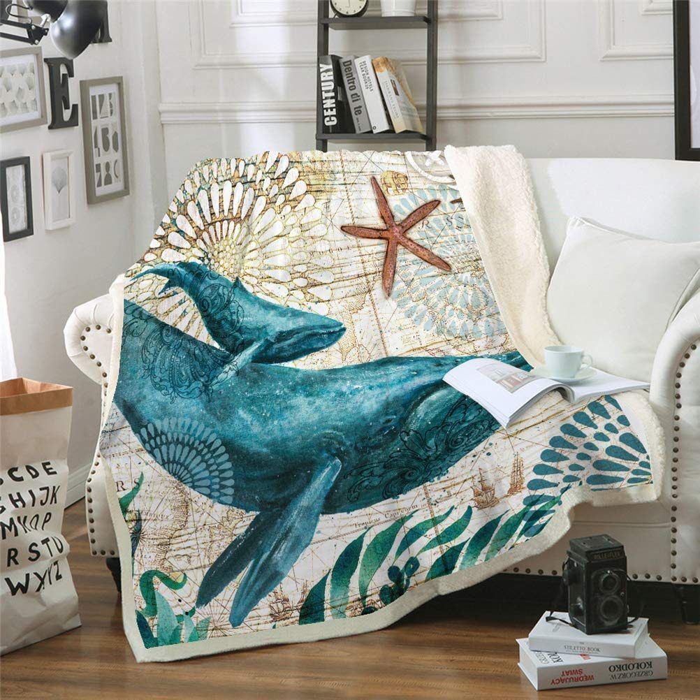 Turquoise Giant Whale Sherpa Fleece Blanket
