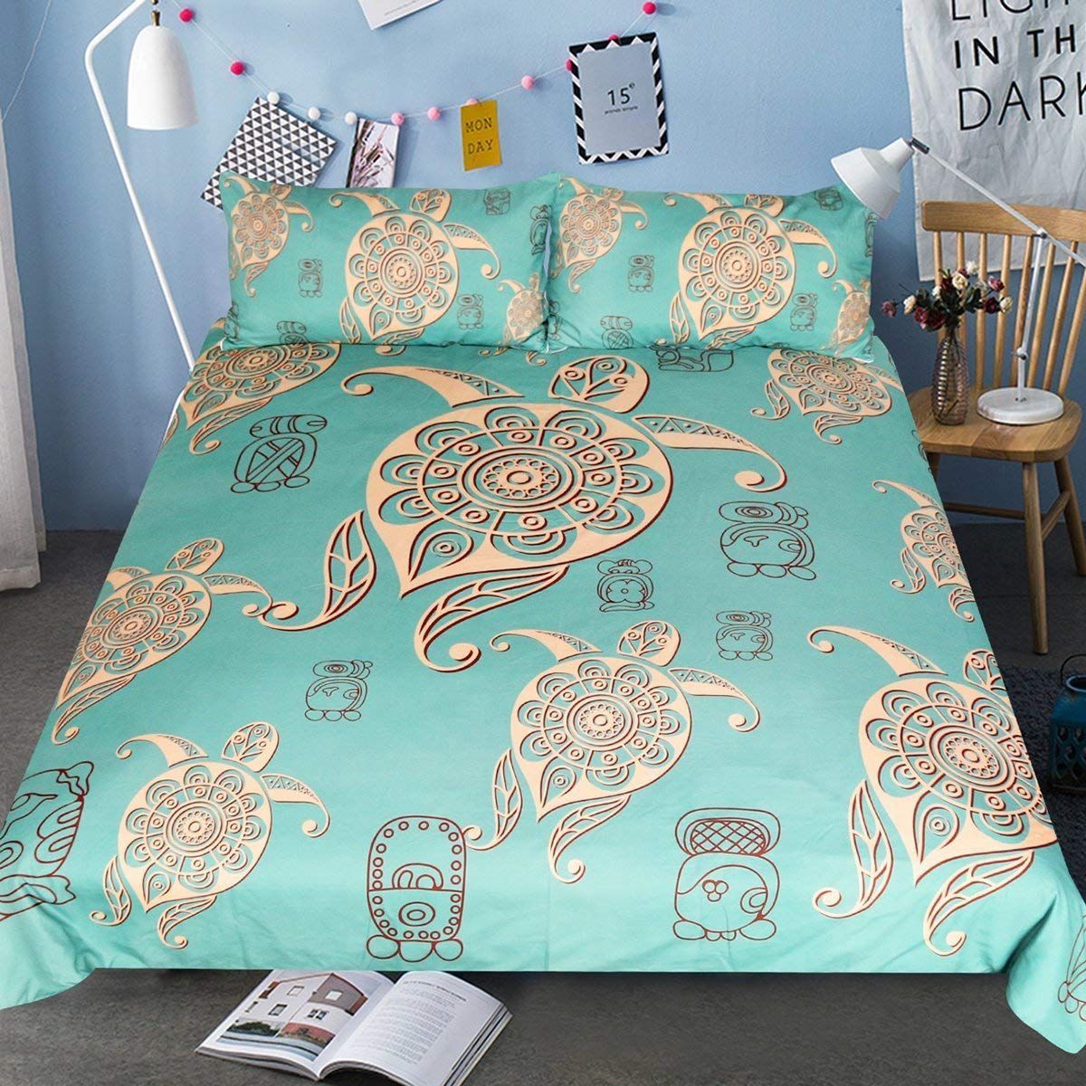 Turquoise Gold Mandala Turtle Bedding Set