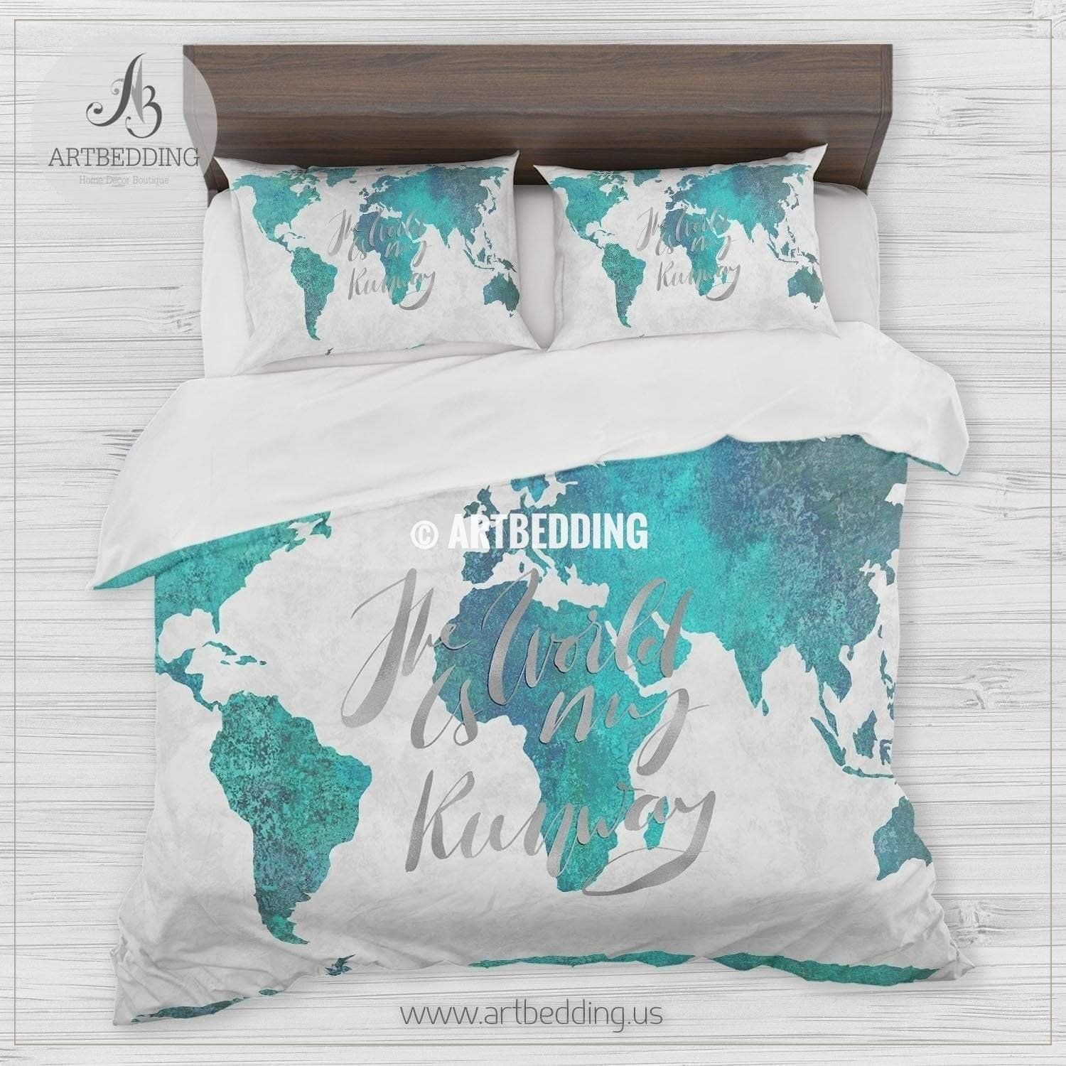 Turquoise Green And Blue Watercolor Abstract Painting World Map Bedding Set
