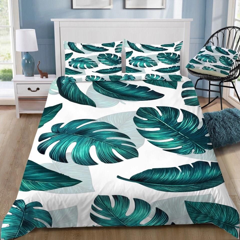 Turquoise Monstera Leaves Bedding Set