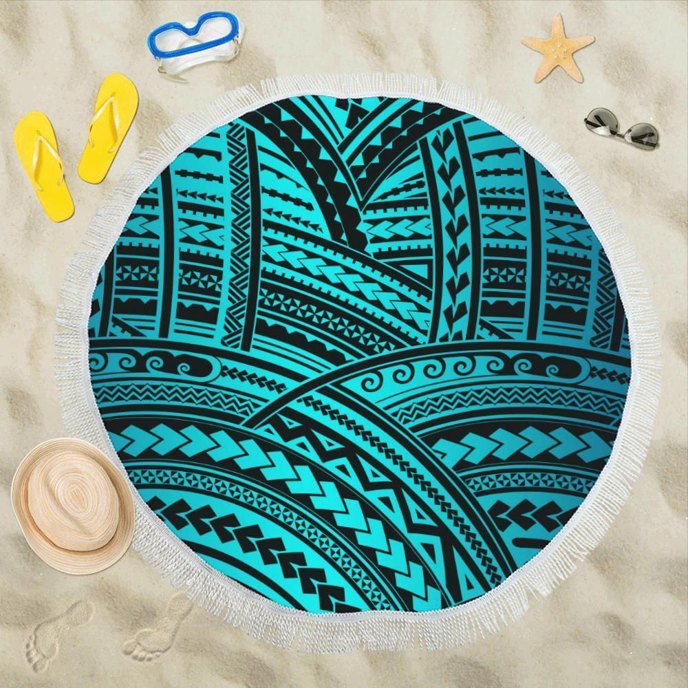Turquoise Polynesian Tribal Pattern Printed Round Beach Towel