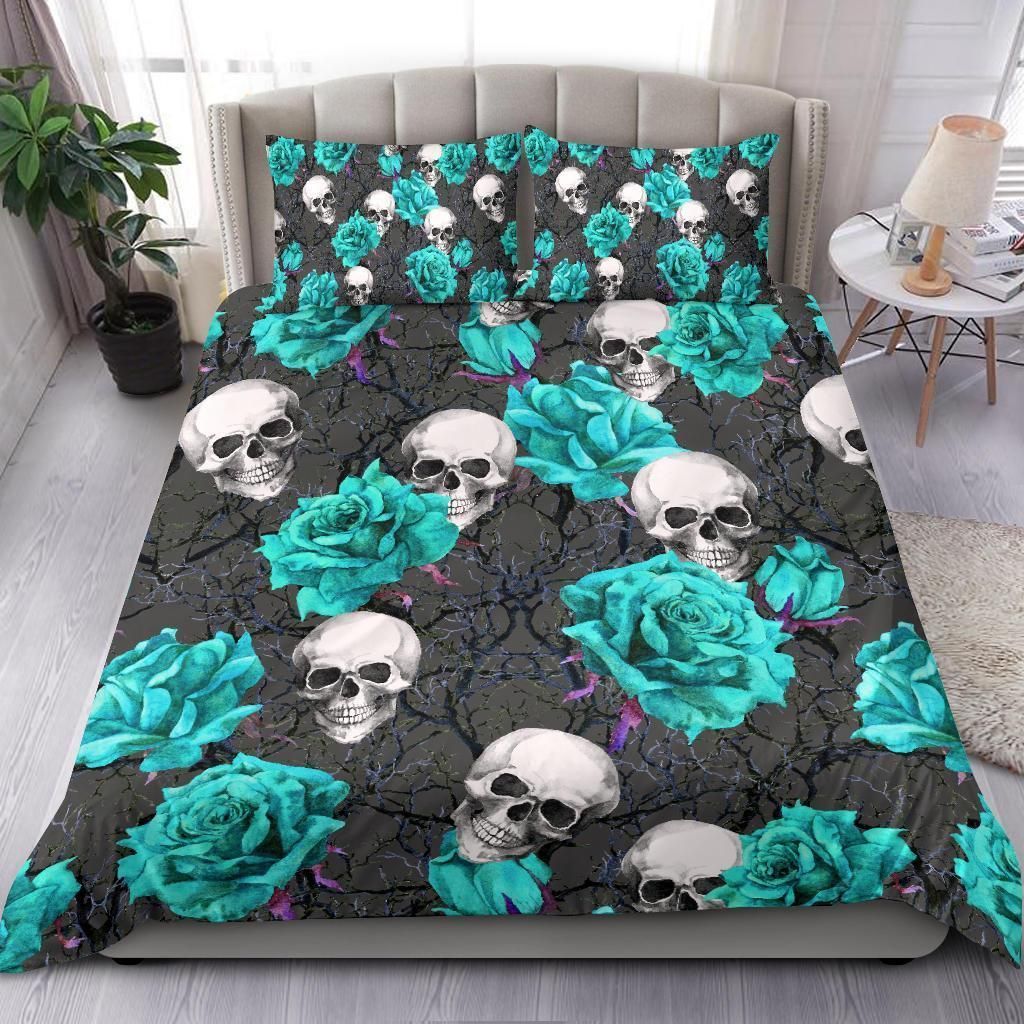 Turquoise Rose Skull Bedding Set