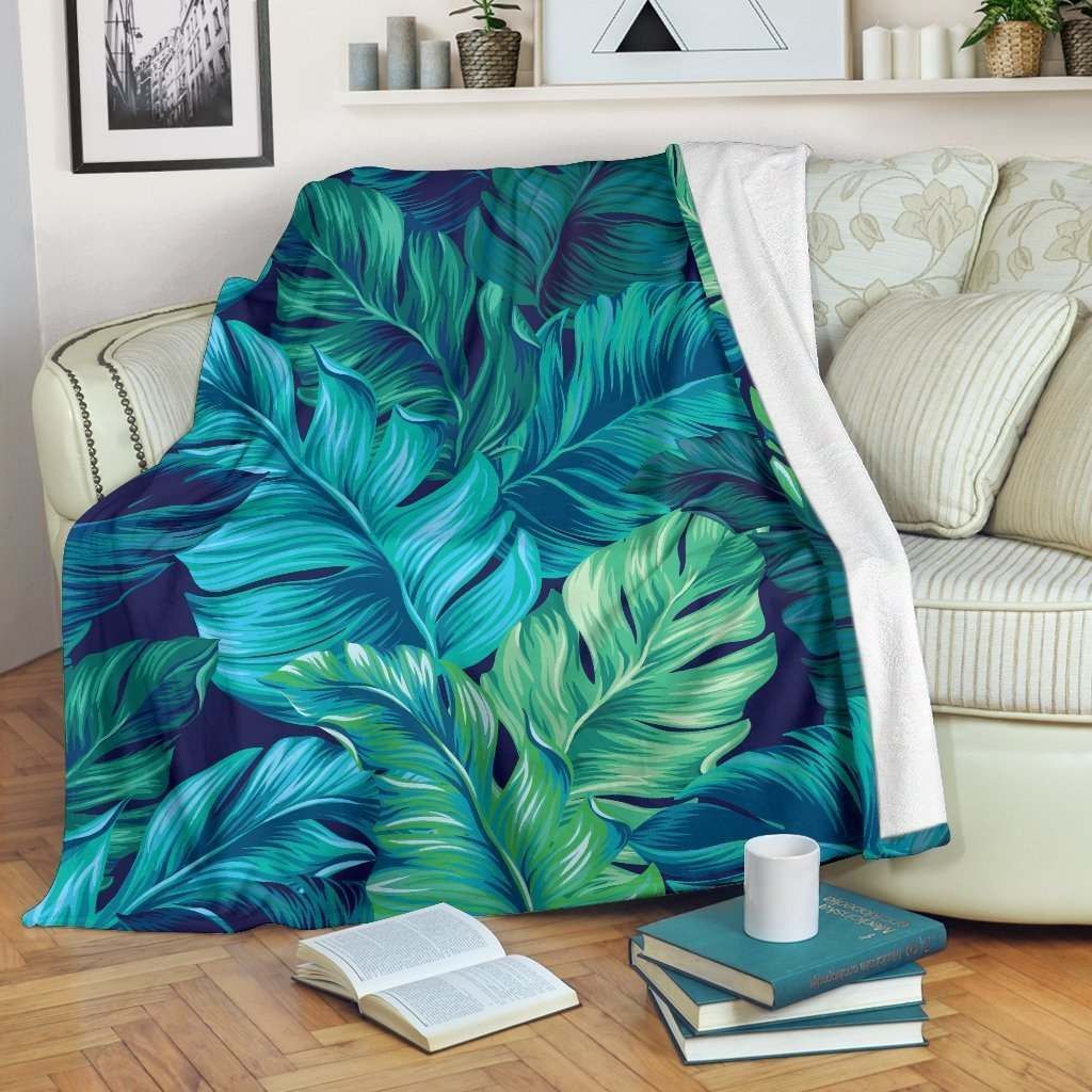 Turquoise Tropical Leaf Sherpa Fleece Blanket