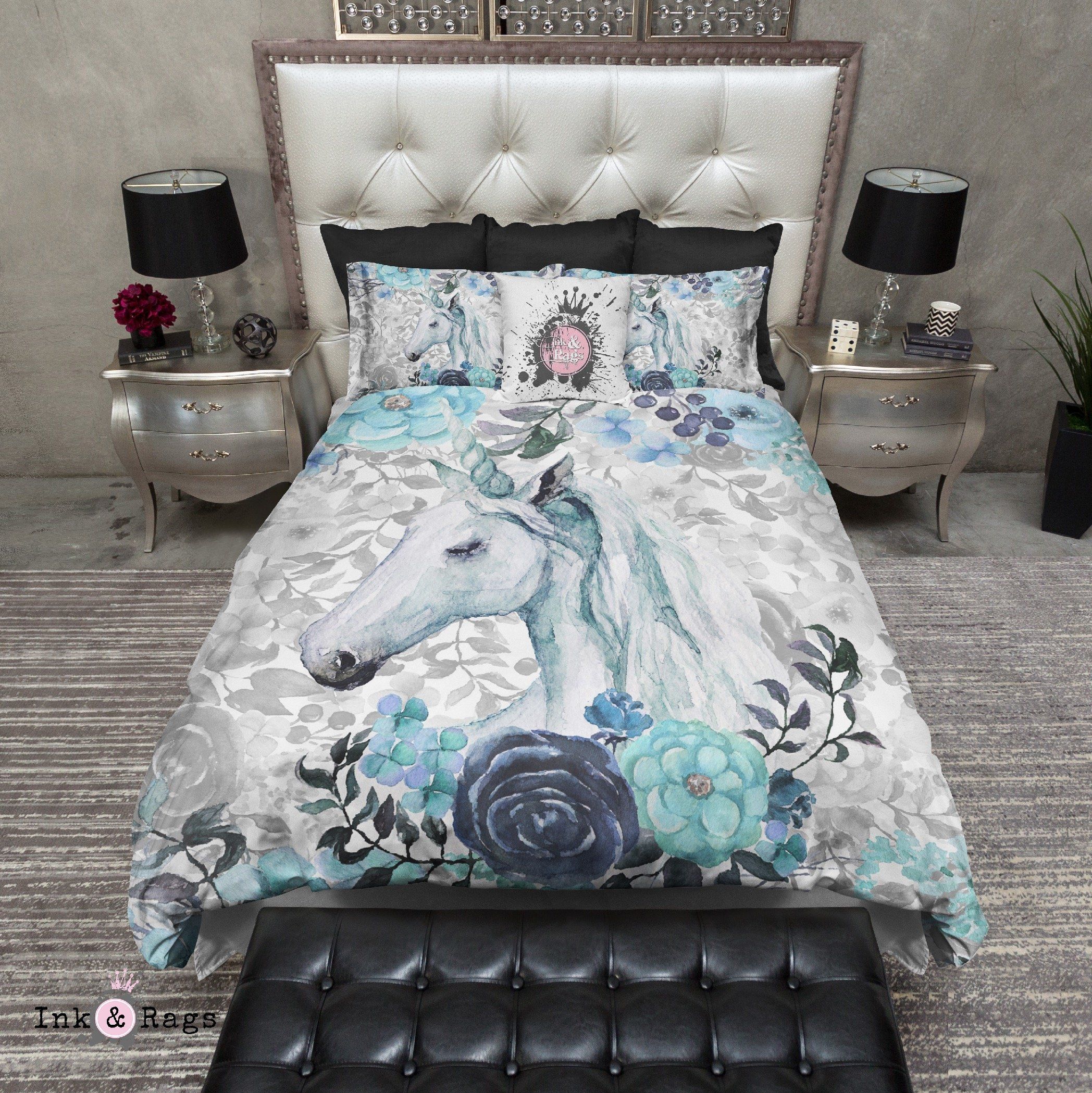 Turquoise Watercolor Flower Unicorn Bedding Set