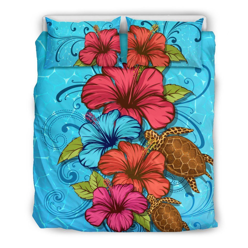 Turtle And Colorful Hibiscus Pattern Blue Bedding Set