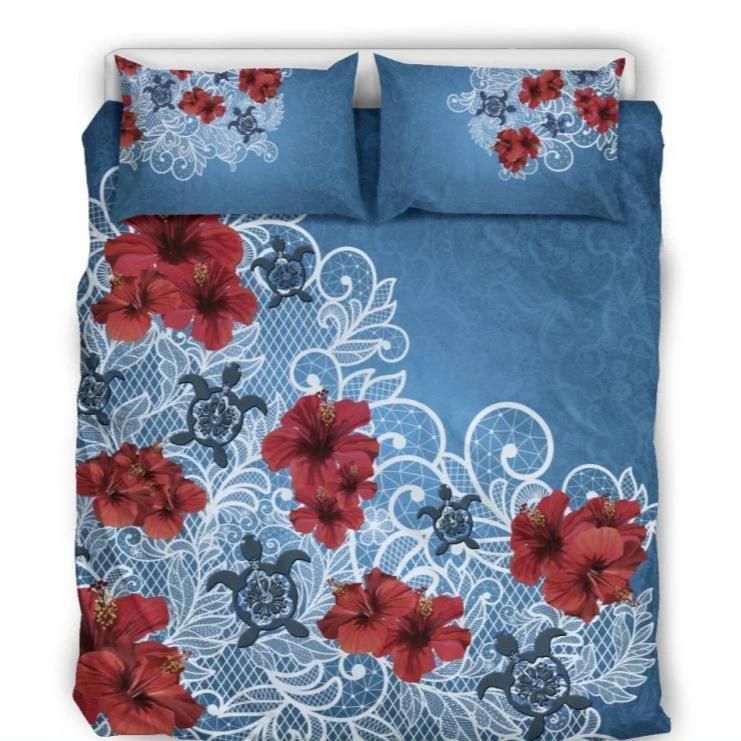 Turtle And Hibiscus Flowers Bedding Set