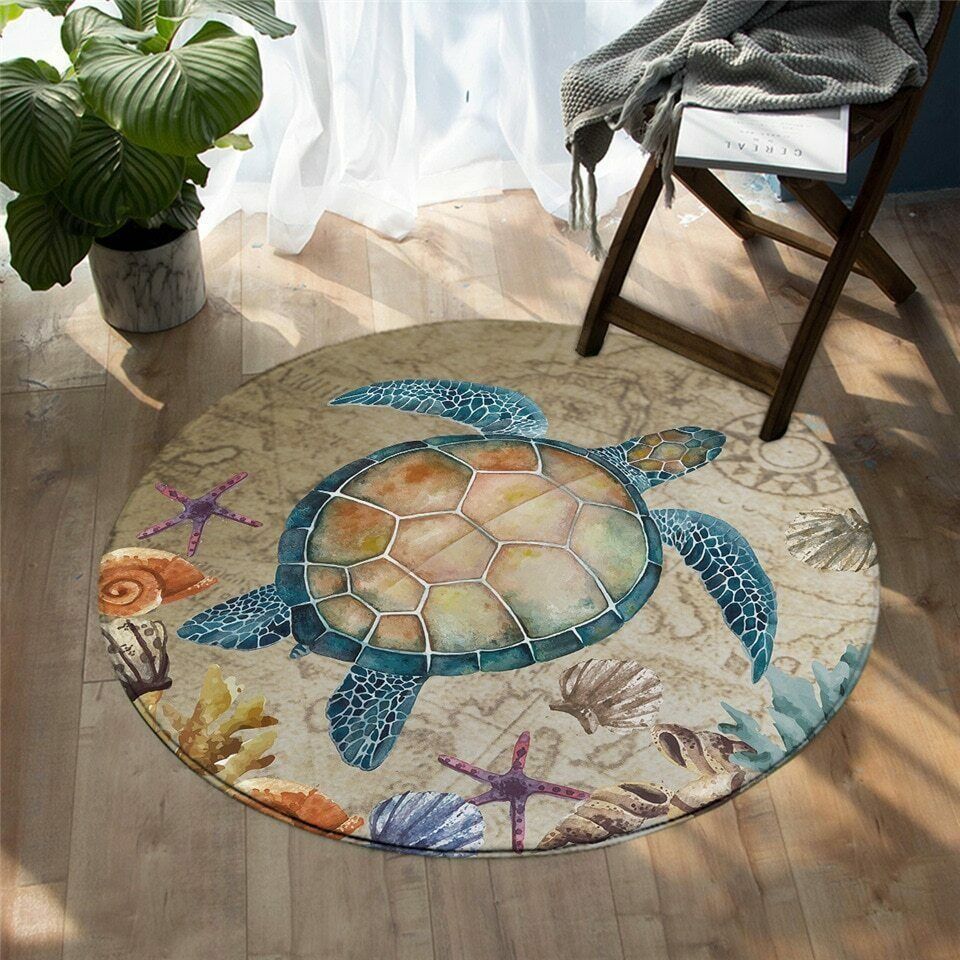 Turtle And Sea Animals Round Carpet
