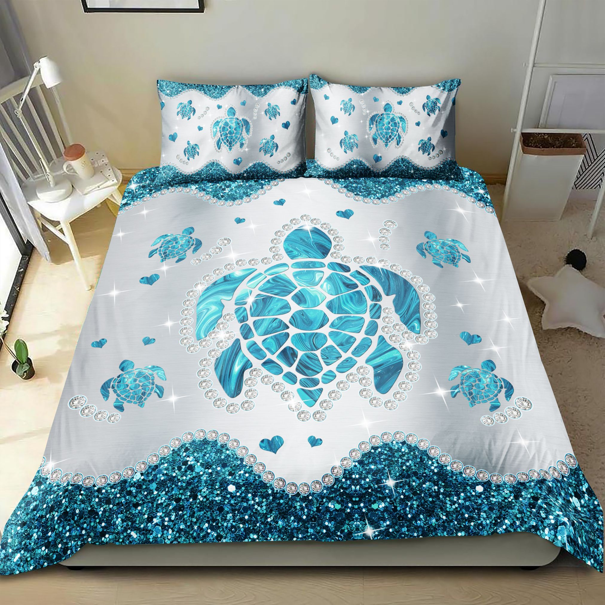 Turtle Blue Glitter Metal Bedding Set