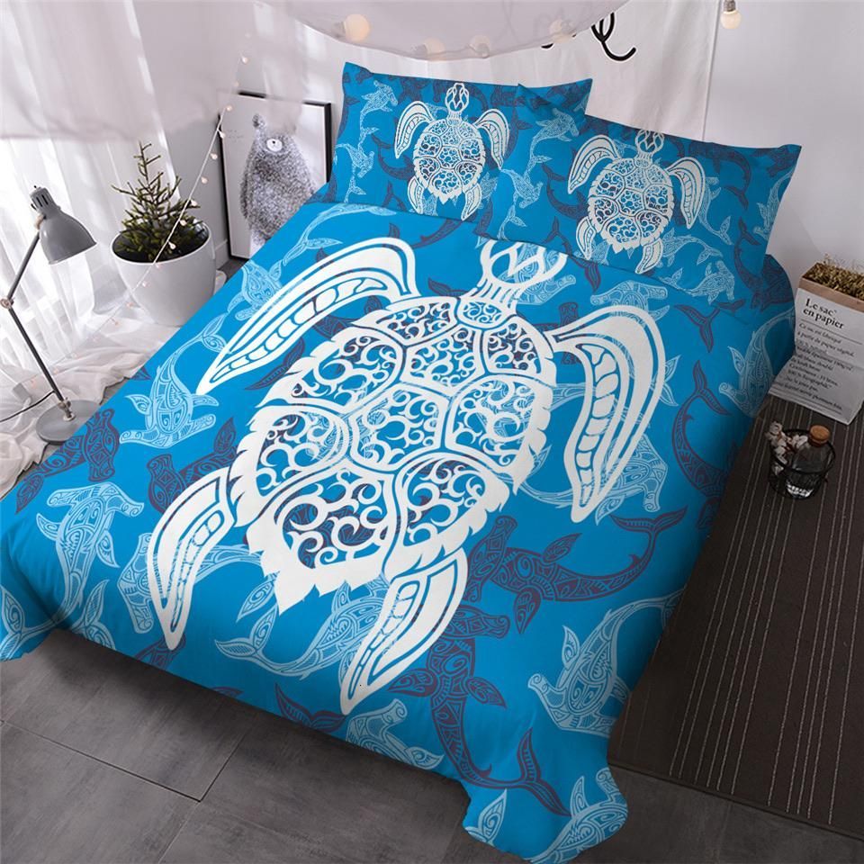 Turtle Blue White Bedding Set