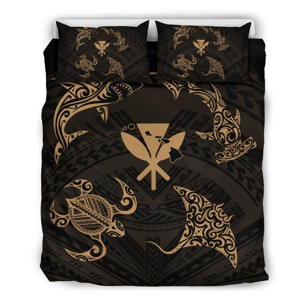 Turtle Hammerhead Shark Ray Kanaka Hawaii Circle Gold Bedding Set