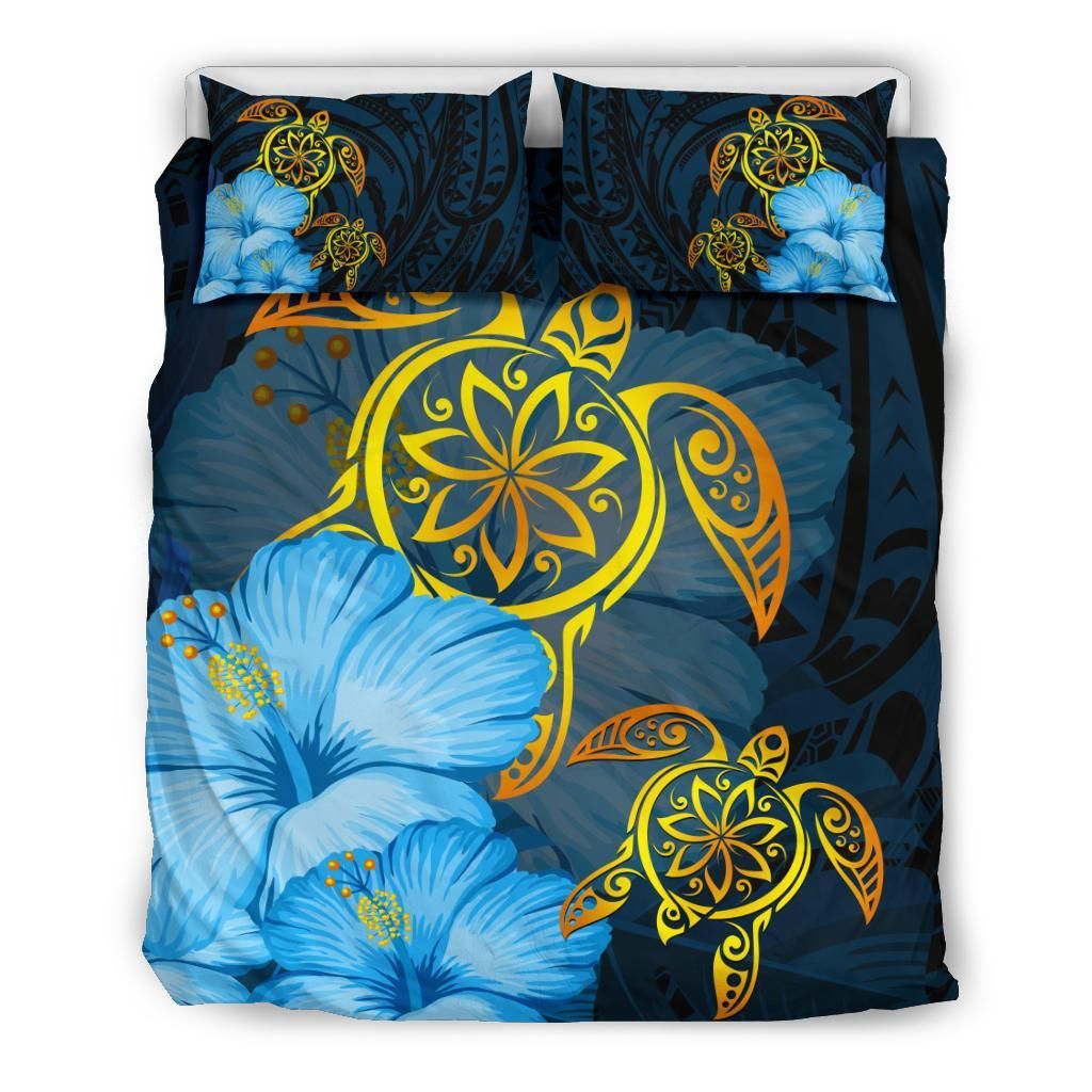Turtle Hibiscus Pattern Hawaiian Blue Bedding Set