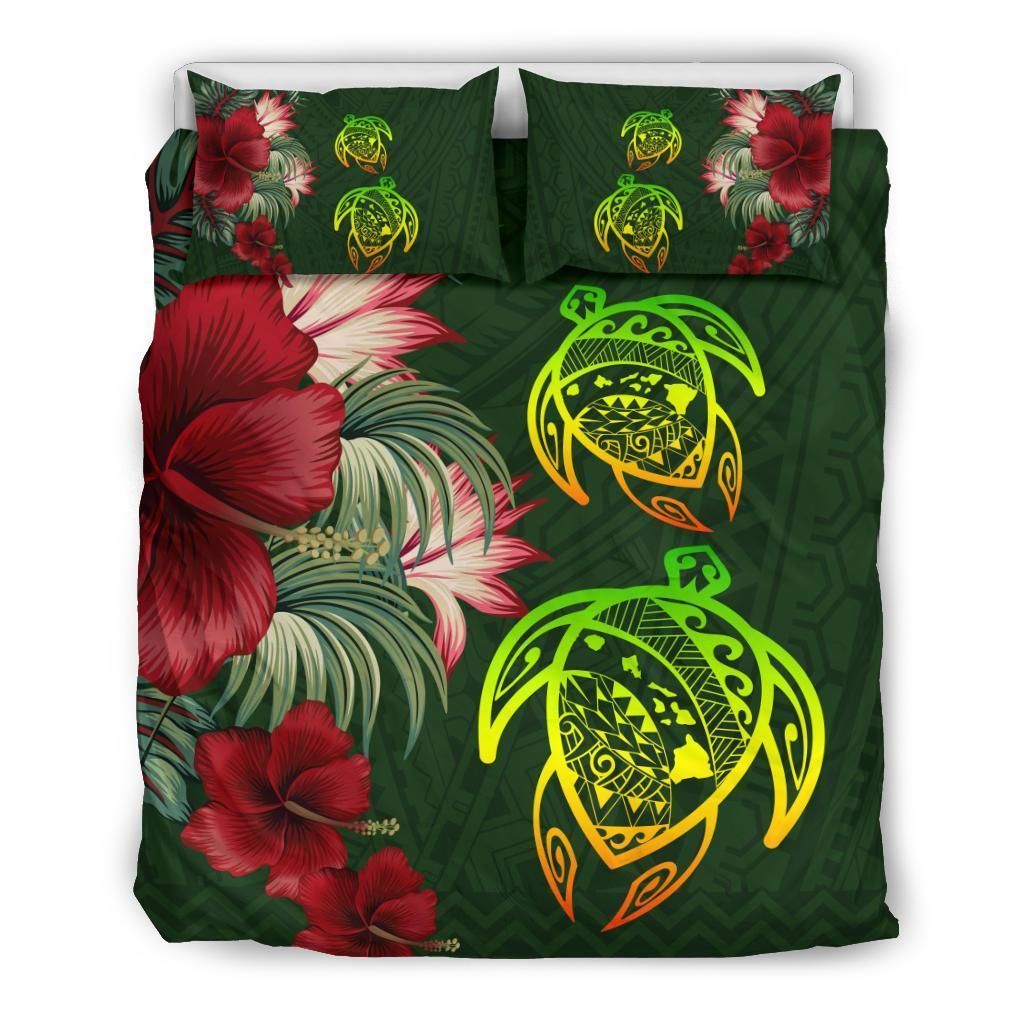 Turtle Hibiscus Pattern Hawaiian Green Bedding Set