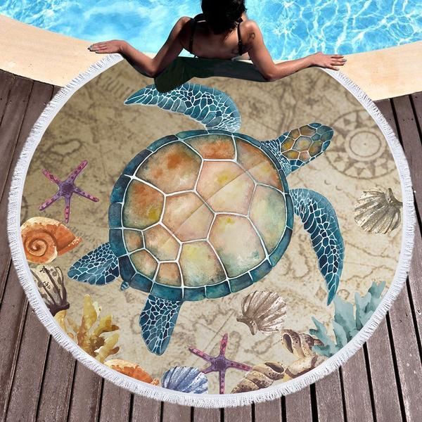 Turtle Island And Marine Creature Printed Round Beach Towel