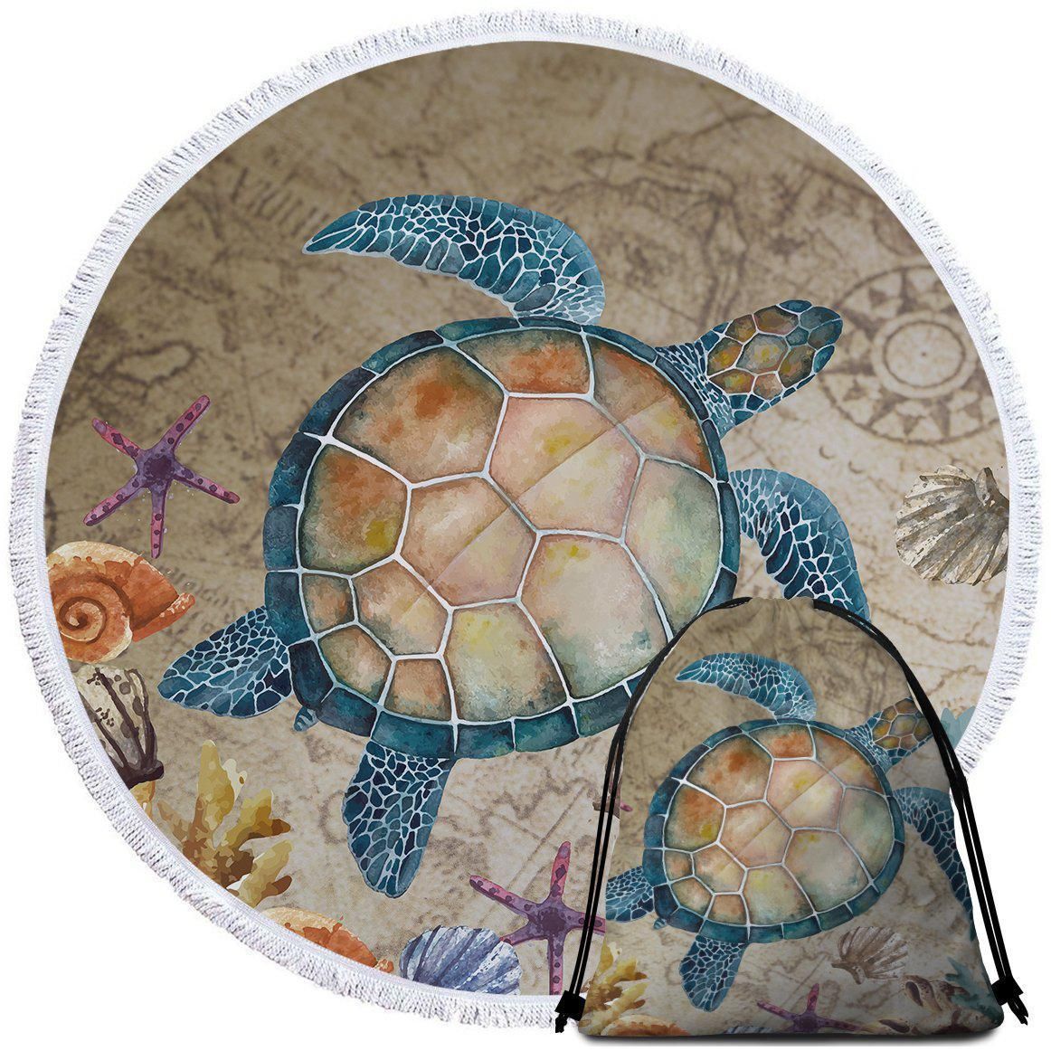 Turtle Island Ocean Printed Round Beach Towel