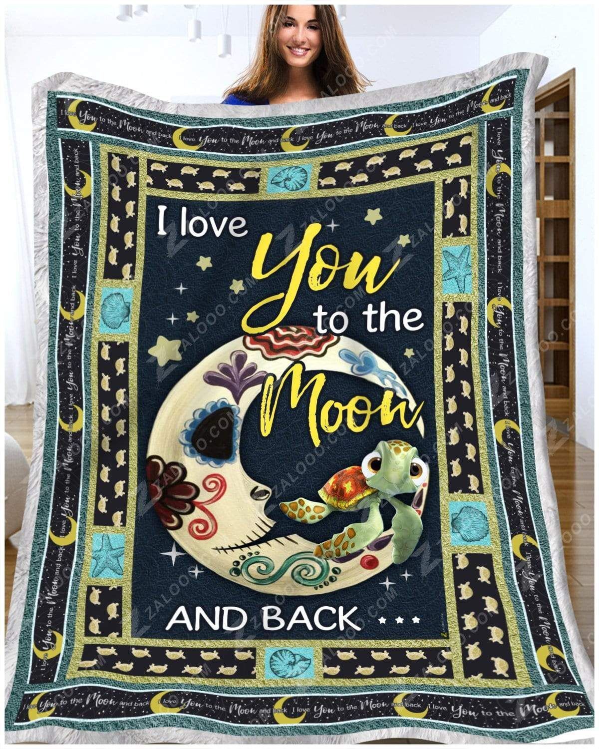 Turtle Moon Day Of The Dead I Love You To The Moon And Back Sherpa Fleece Blanket