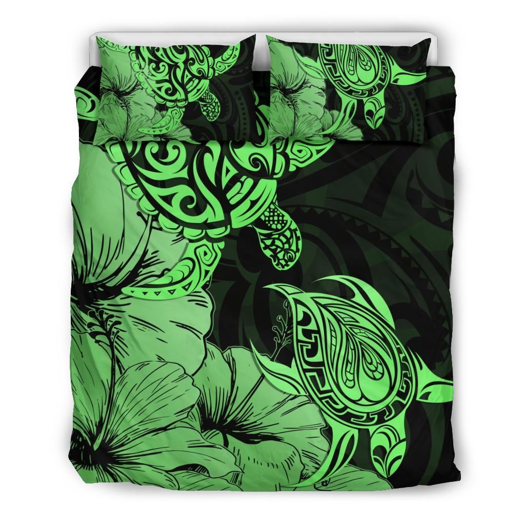 Turtle Polynesian Hibiscus Art Green Bedding Set