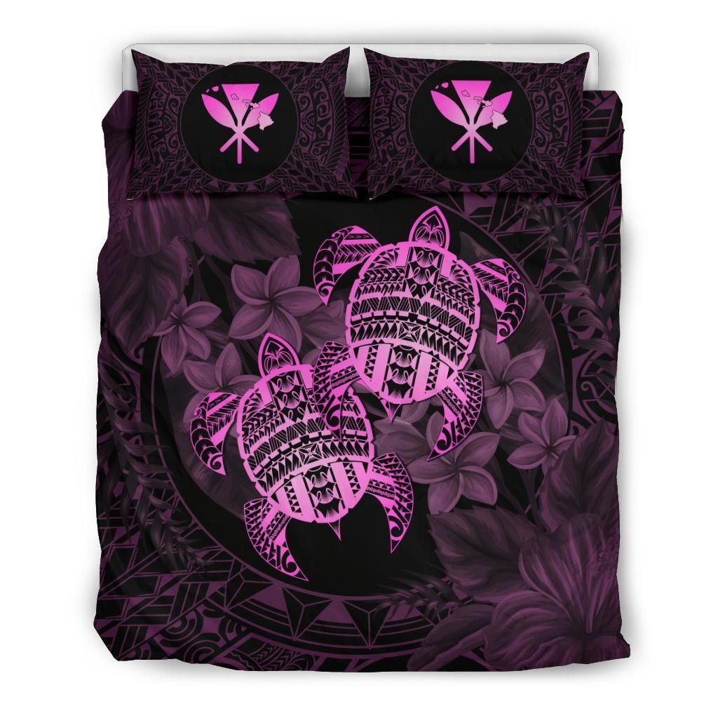 Turtle Strong Pattern Hibiscus Plumeria Pink Bedding Set
