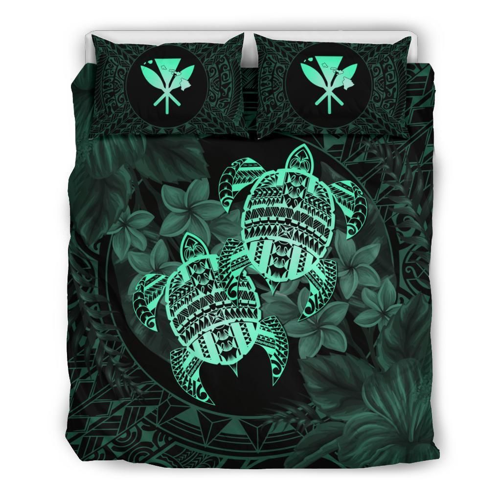 Turtle Strong Pattern Hibiscus Plumeria Turquoise Bedding Set