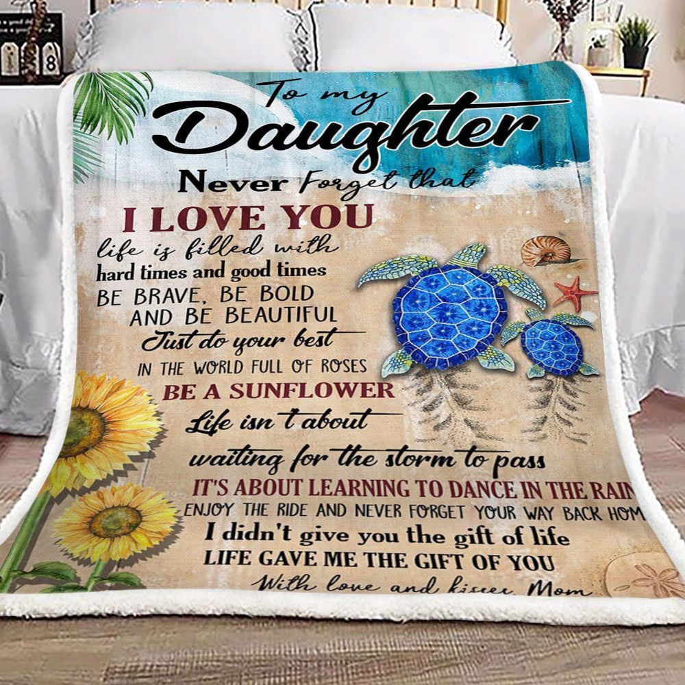 Turtle Sunflower To My Daughter Kisses Mom Sherpa Fleece Blanket