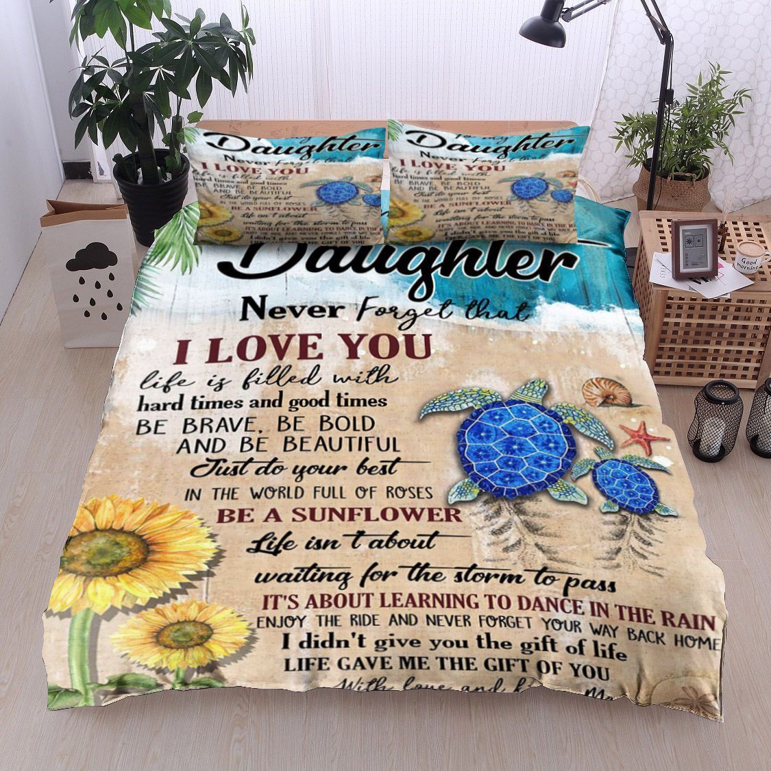 Turtle Sunflower To My Daughter Kisses Mom Bedding Set