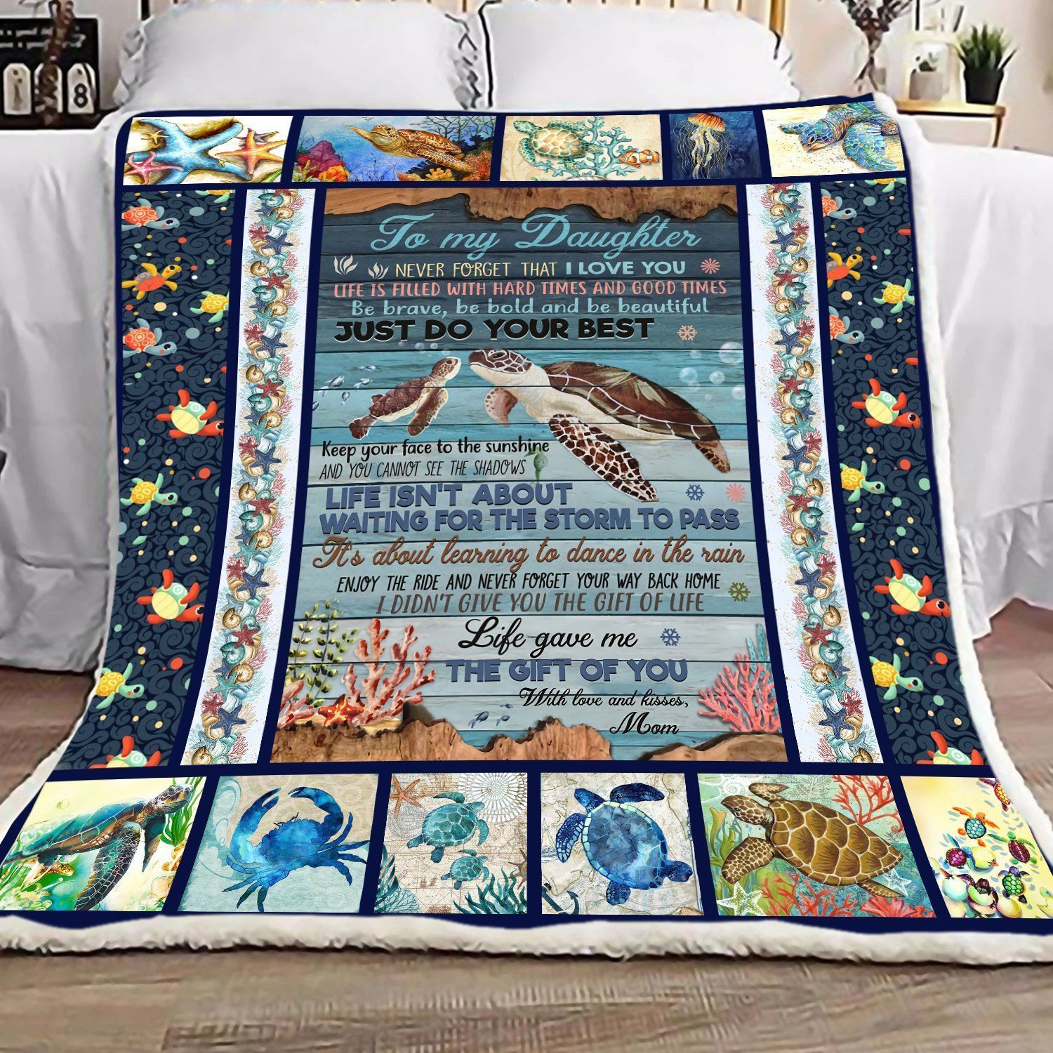 Turtle To My Daughter Never Forget That I Love You Sherpa Fleece Blanket