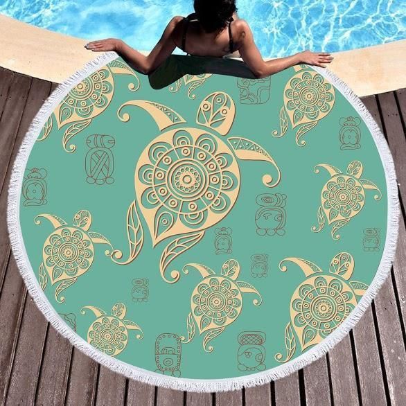 Turtle Turquoise Pattern Printed Round Beach Towel