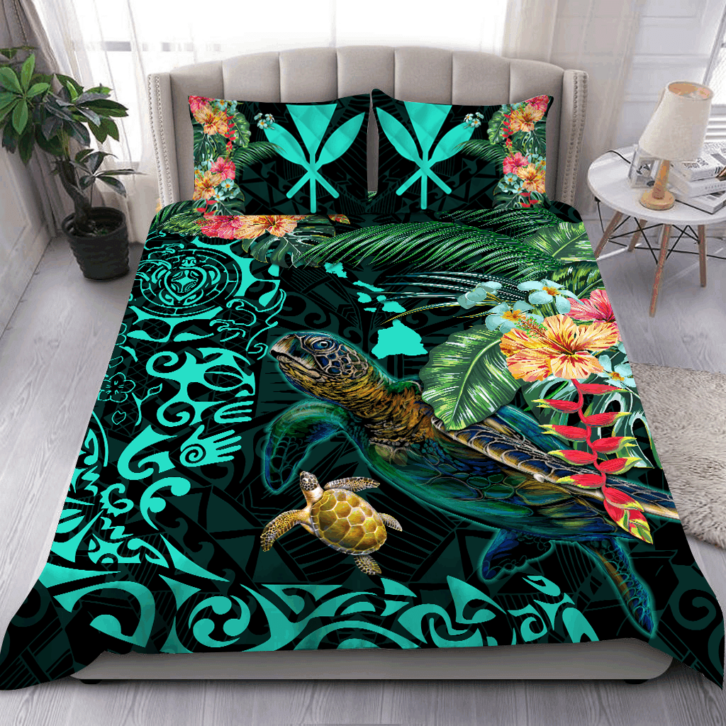 Turtles Kanaka Maoli Polynesian Plumeria Banana Leaves Hawaiian Bedding Set
