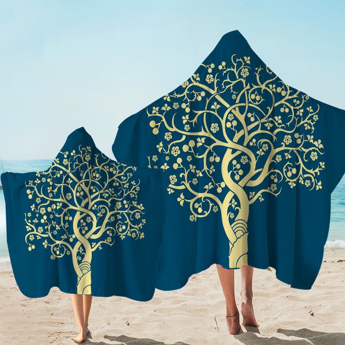 Twisted Tree Branches Navy Blue Printed Hooded Towel
