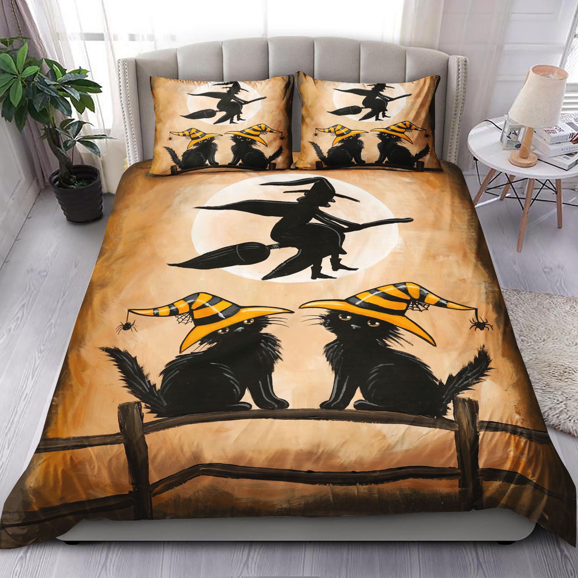 Two Black Cat And Witch Halloween Bedding Set