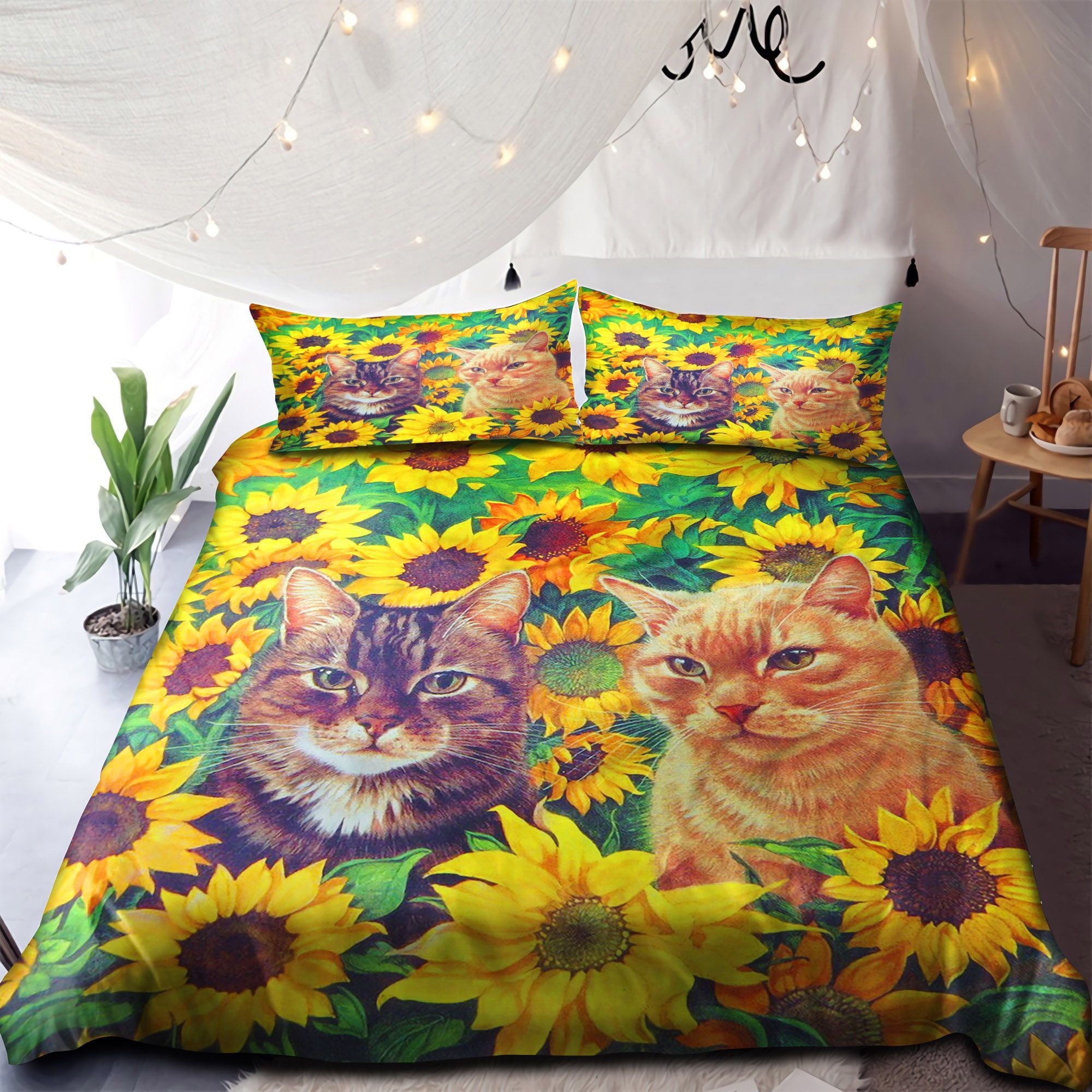 Two Cute Cats In Sunflowers Gardern Bedding Set