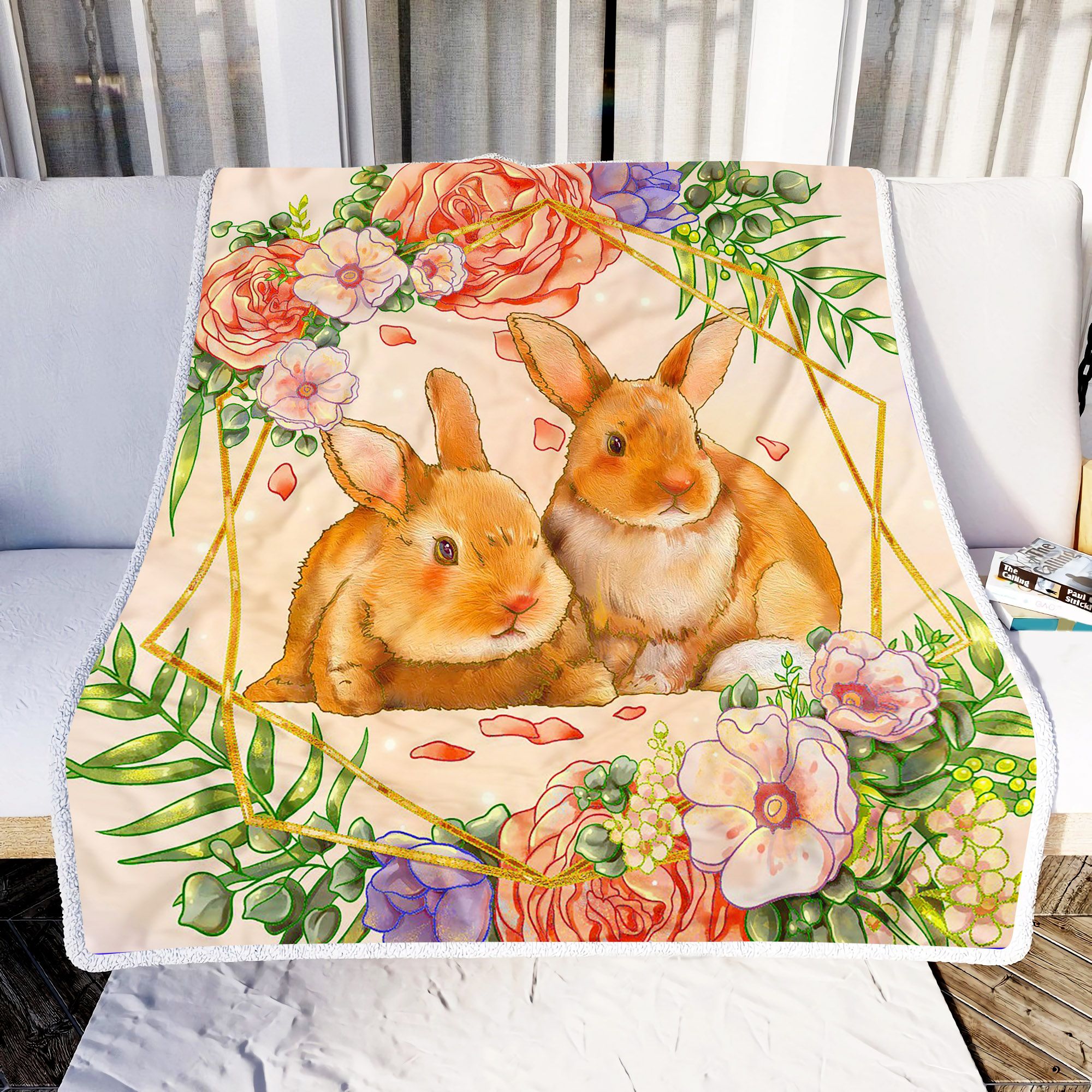 Two Cute Rabbits With Flowers Fleece Blanket