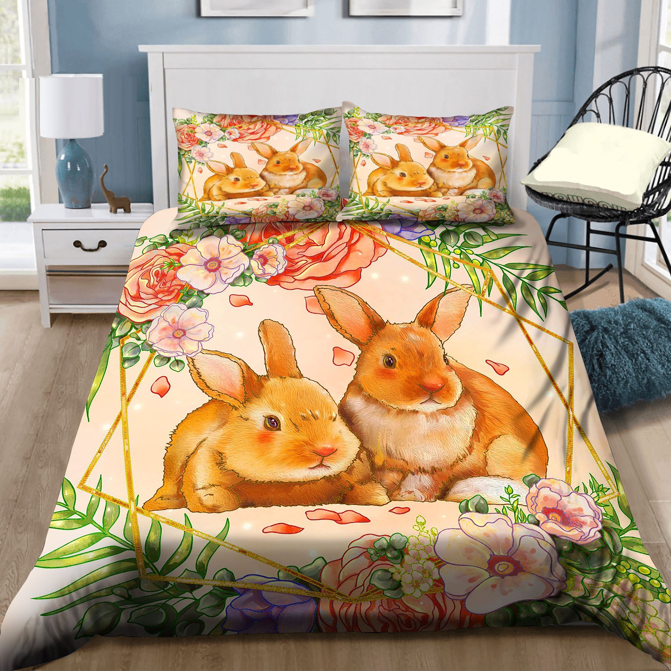 Two Cute Rabbits With Flowers Bedding Set