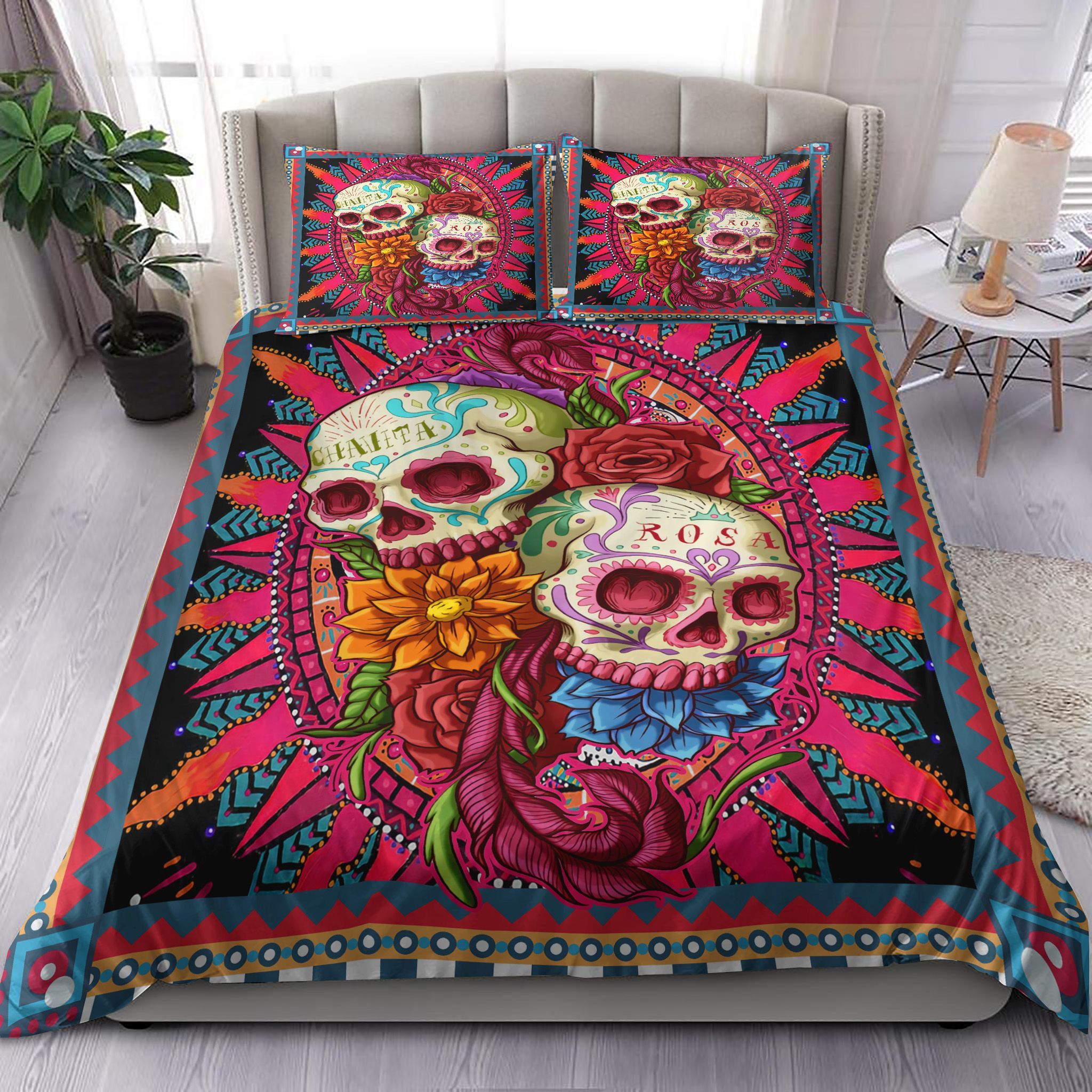 Two Floral Sugar Skulls Bedding Set