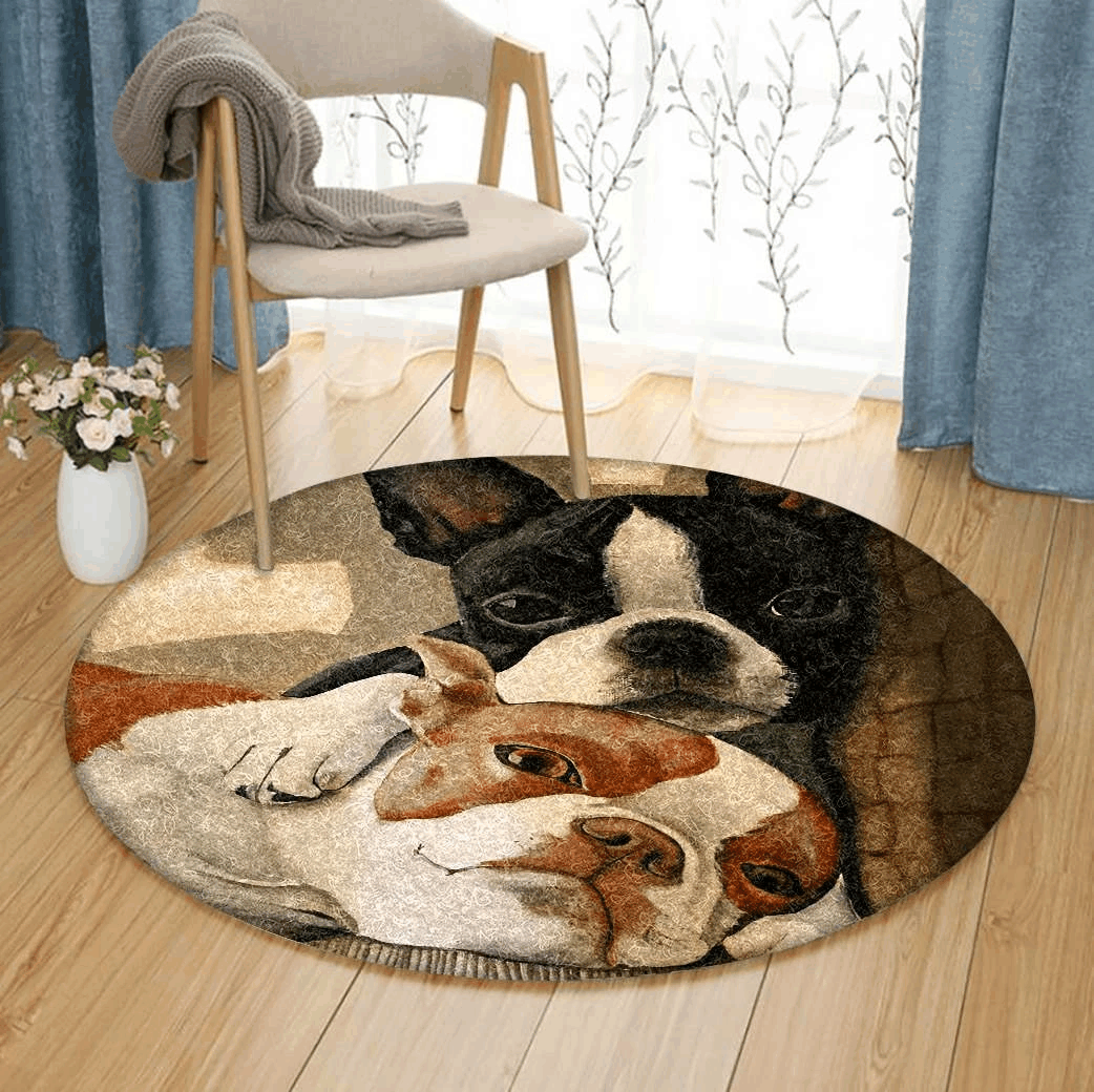 Two Little Boston Terrier Round Carpet