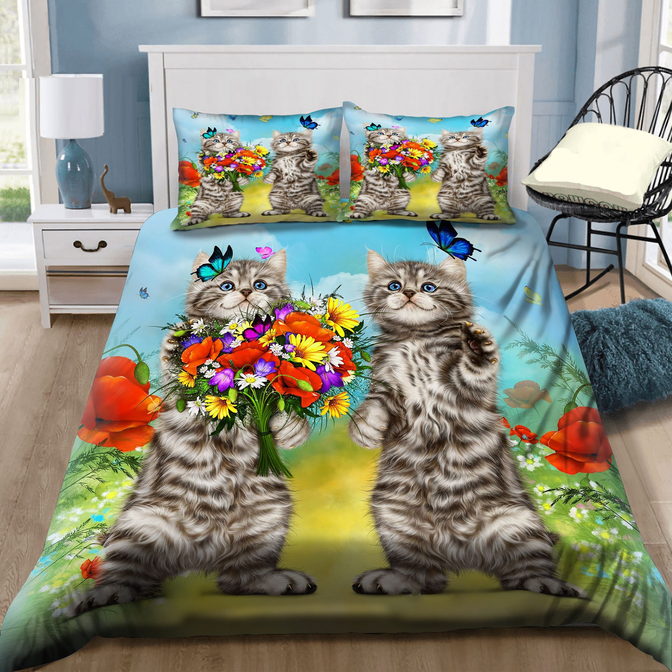 Two Little Cats Playing With Flowers And Butterflies Bedding Set