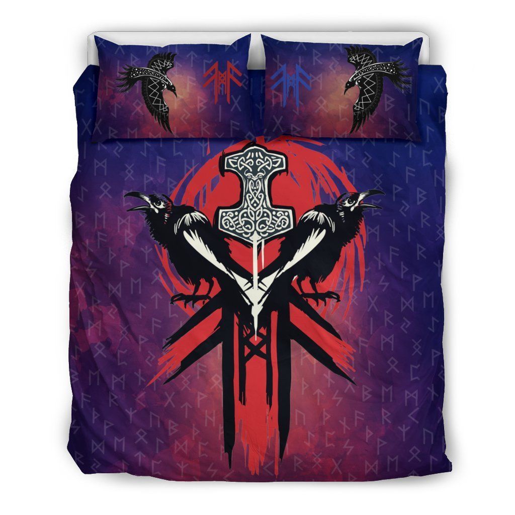 Two Raven With Thor’s Hammer In Viking Style Bedding Set