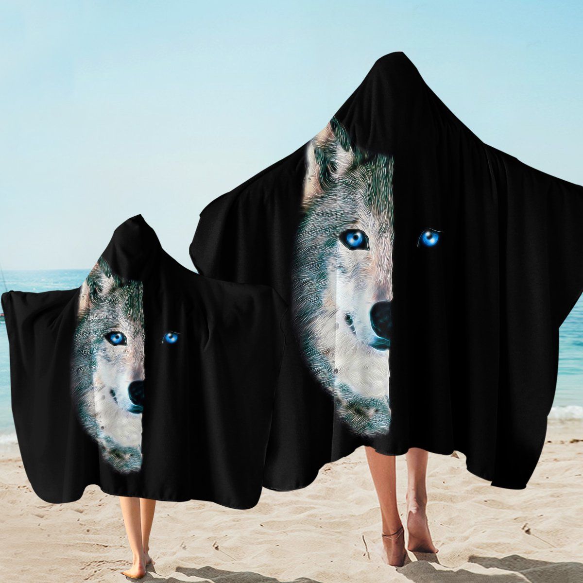 Two Sides Wolf Black Printed Hooded Towel