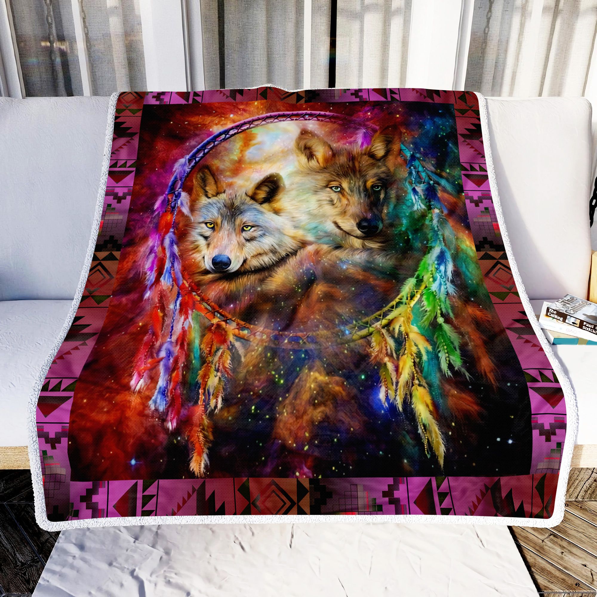 Two Wolf In Galaxy Fleece Blanket