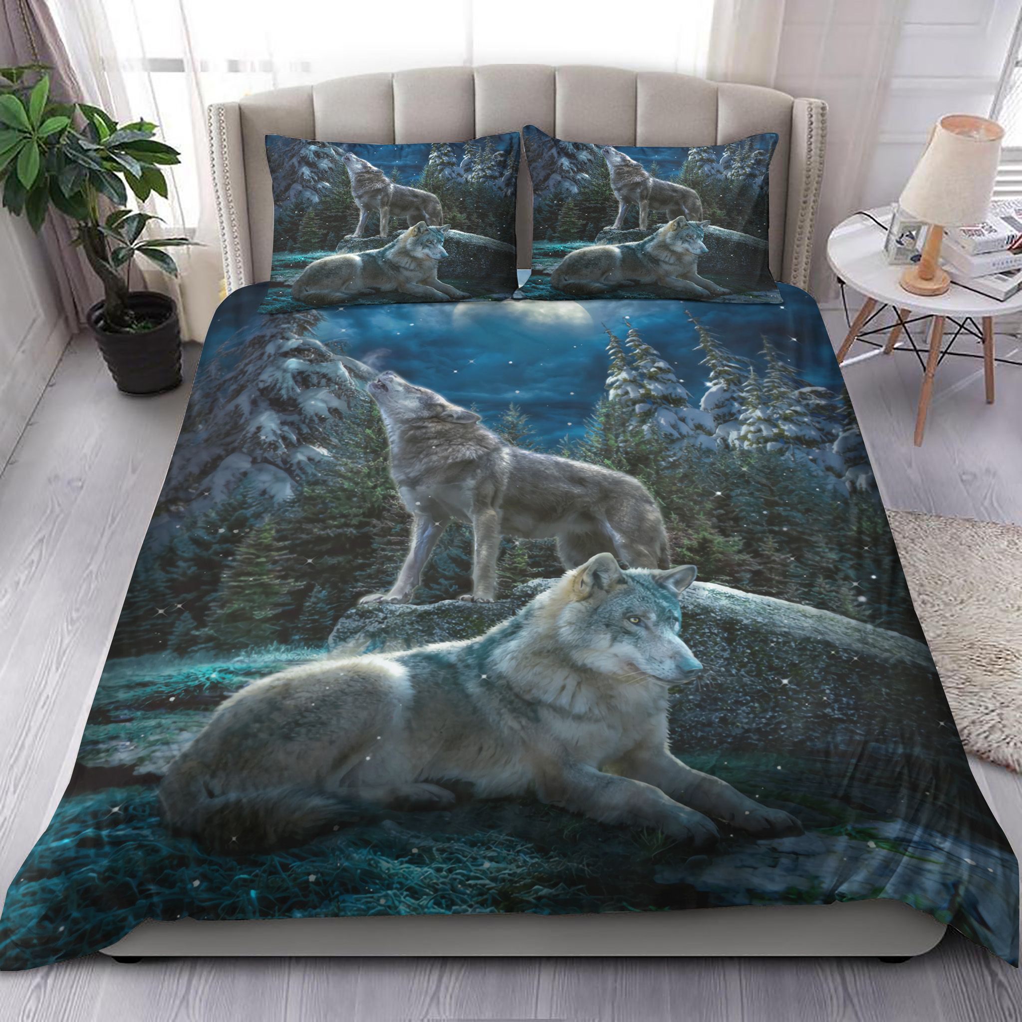 Two Wolves Winter And Moon Bedding Set