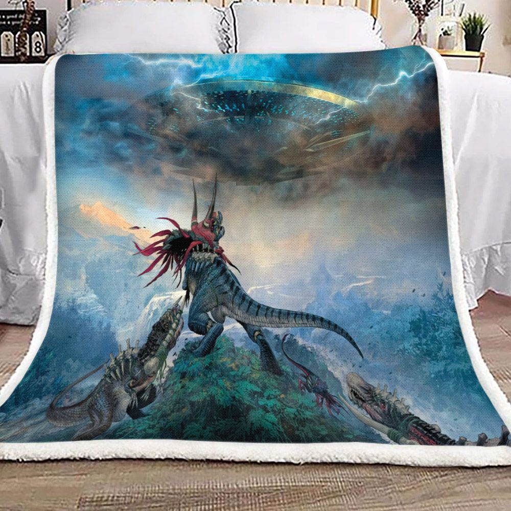 Ufo Visiting Dinosaur Sherpa Fleece Blanket