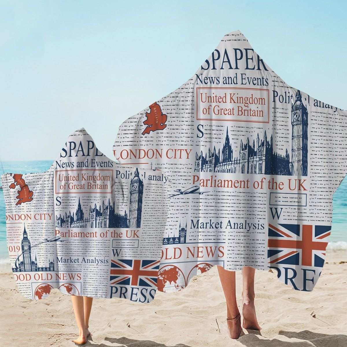 Uk Newspaper Reading Lovers Printed Hooded Towel