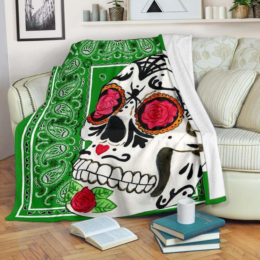 Ultra Plush Green Bandana Sugar Skull Sherpa Fleece Blanket