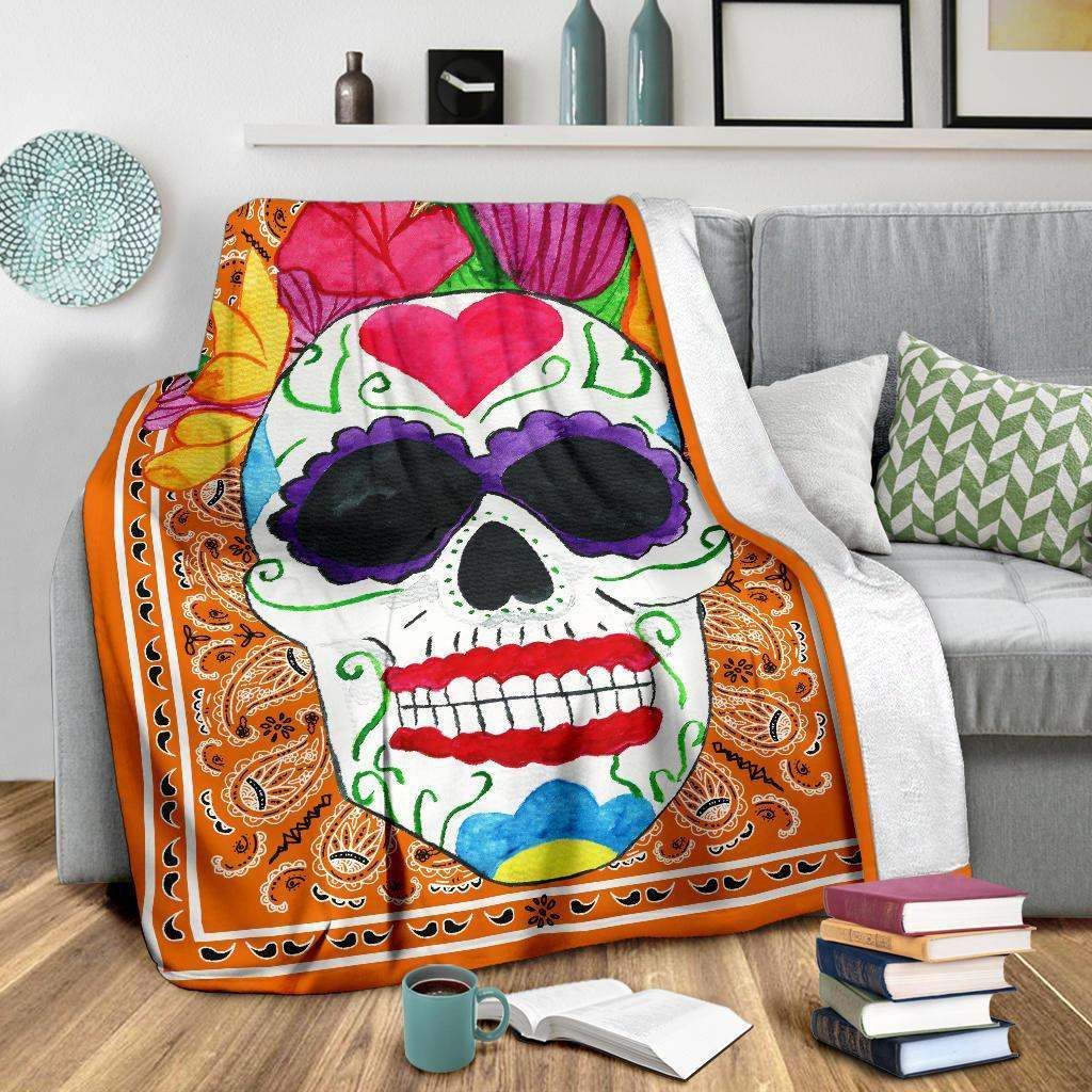 Ultra Plush Orange Bandana Sugar Skull Sherpa Fleece Blanket