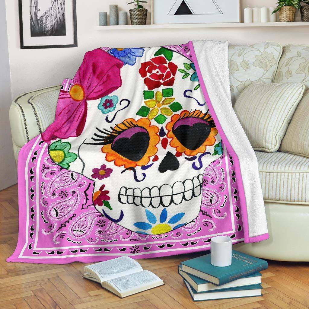 Ultra Plush Pink Bandana Sugar Skull Sherpa Fleece Blanket