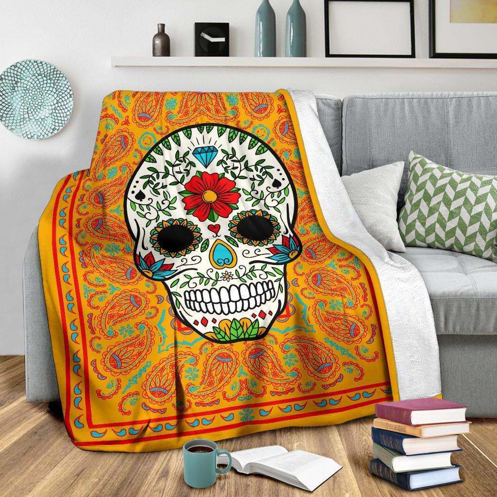 Ultra Plush Pumpkin Sugar Skull Sherpa Fleece Blanket
